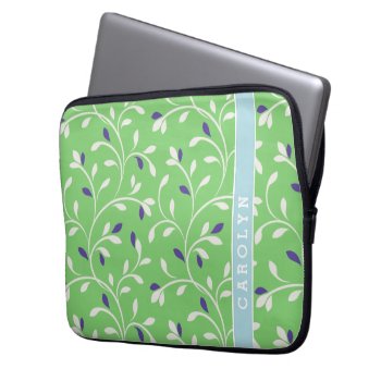 Cute Modern Green Curly Leaves Pattern Monogram Laptop Sleeve by TintAndBeyond at Zazzle