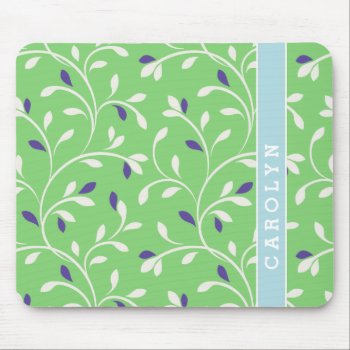 Cute Modern Green Curly Leaves Pattern Monogram Mouse Pad by TintAndBeyond at Zazzle