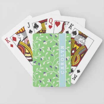 Cute Modern Green Curly Leaves Pattern Monogram Playing Cards by TintAndBeyond at Zazzle