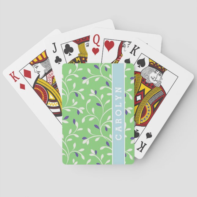 Cute modern green curly leaves pattern monogram poker cards (Back)