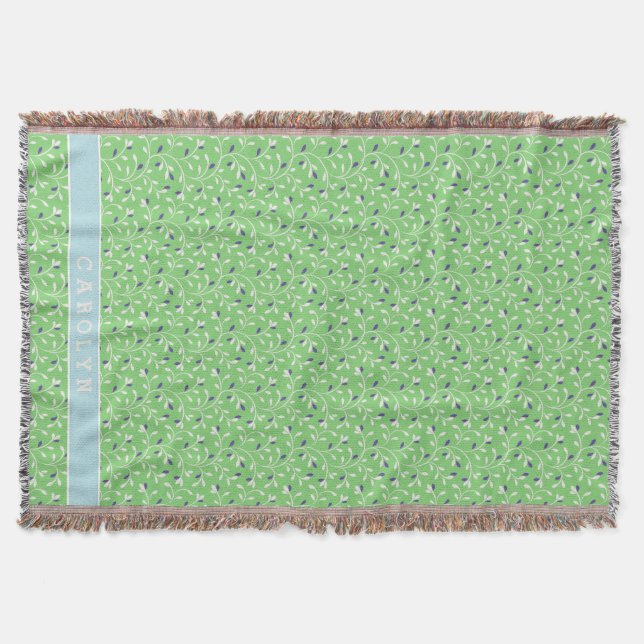 Cute modern green curly leaves pattern monogram throw blanket (Front)