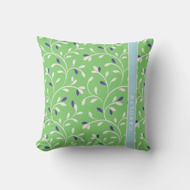 Cute modern green curly leaves pattern monogram throw pillow (Front)