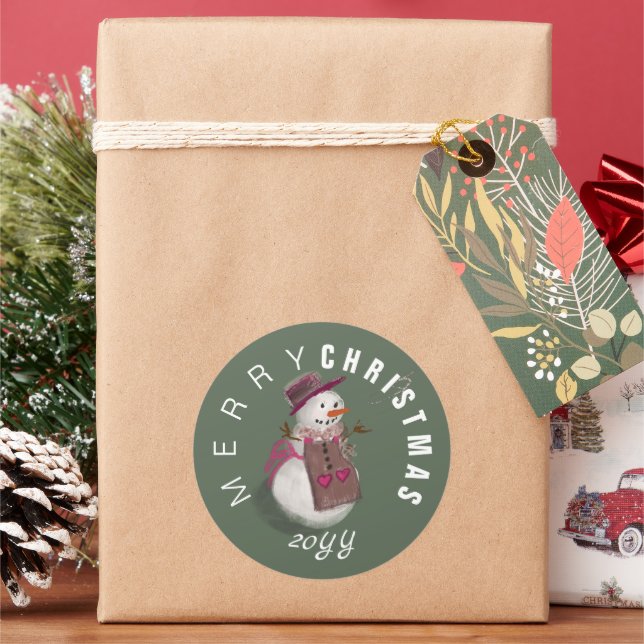 Cute Modern Green Merry Christmas Snow Woman Classic Round Sticker (Holiday)