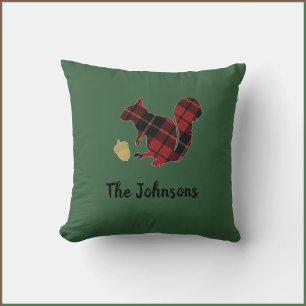 Cute Modern Green Plaid Squirrel and Acorn Throw Pillow