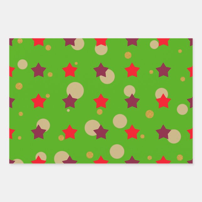 Cute Modern Green Red Stars Christmas Gift Wrapping Paper Sheets (Front)