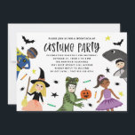 Cute Modern Halloween Birthday Costume Party Invitation<br><div class="desc">This fun birthday costume party invitation features 5 hand drawn kids in costumes (a superhero, witch, dinosaur, ballerina princess, and shark). Other little accents include bats, stars, candy, spiders, and a little jack-o-lantern. The back of the card contains a dots pattern over an orange background. Perfect for your kiddo who...</div>