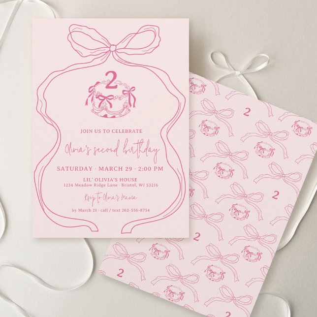 Cute Modern Hand Drawn Bow Pink Girl 2nd Birthday Invitation (Cute modern quirky whimsical hand drawn coquette pink bow cake girly girl kids birthday party invite)