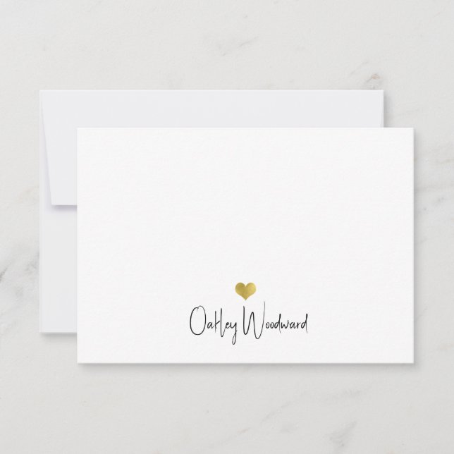 Cute Modern Handwritten Script Name Gold Heart Note Card (Front)