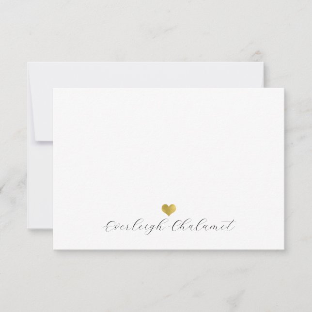 Cute Modern Handwritten Script Name Gold Heart Note Card (Front)
