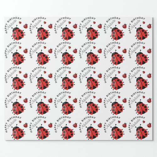 Cute Modern Happy Birthday Red Ladybug Girly Wrapping Paper