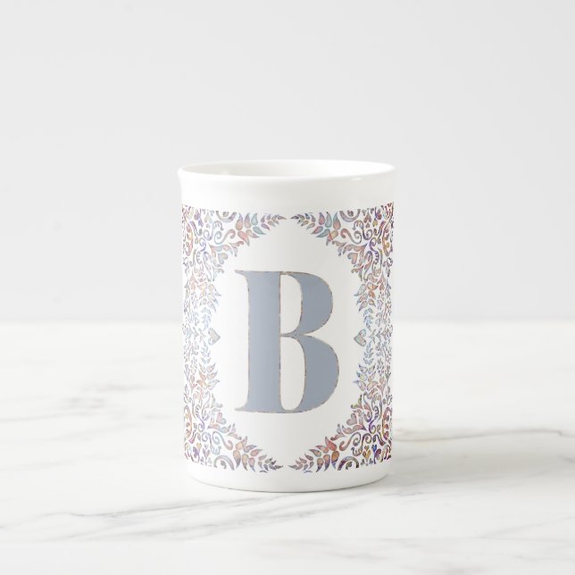 Cute Modern Hearts and Floral Framed Letter B Bone China Mug (Front)