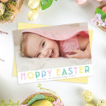 Cute Modern Hoppy Easter Holiday Photo Card<br><div class="desc">This cute yet modern Easter photo card features a single horizontal photo with pastel colored typography. The backer is a yellow & white diagonal stripe to coordinate with the type color. All of the colors in this design are customizable,  including greeting colors and backer.</div>