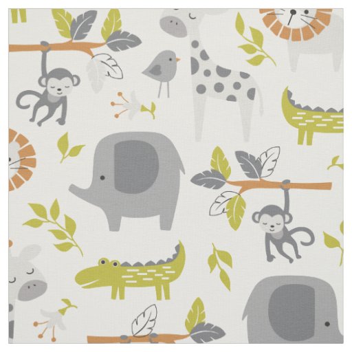 Cute Modern Jungle in Gray Green and Orange Fabric