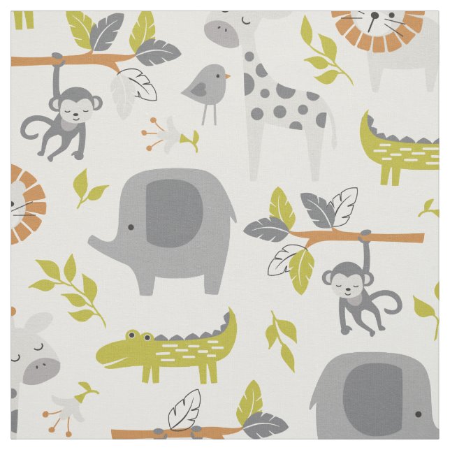 Cute Modern Jungle in Gray Green and Orange Fabric (Swatch)