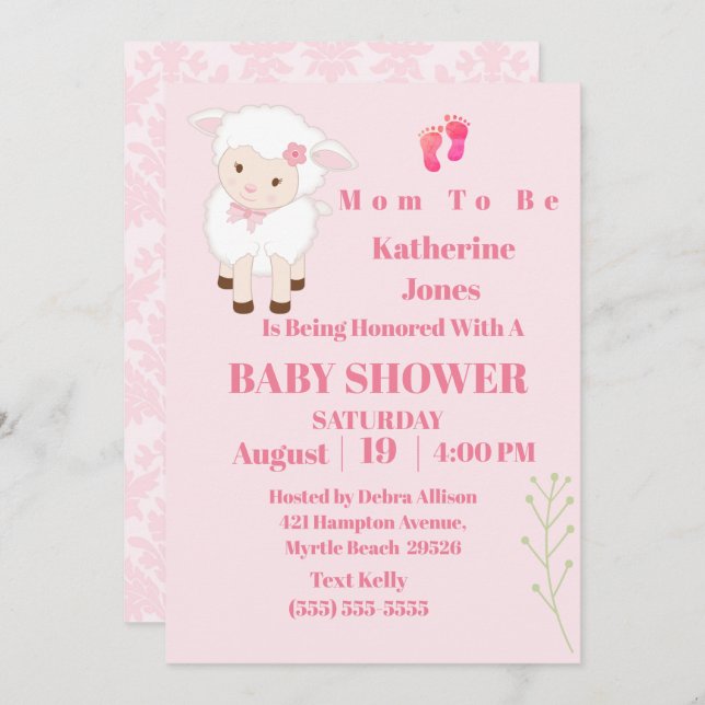 Cute Modern Lamb Baby Girl Invitation (Front/Back)
