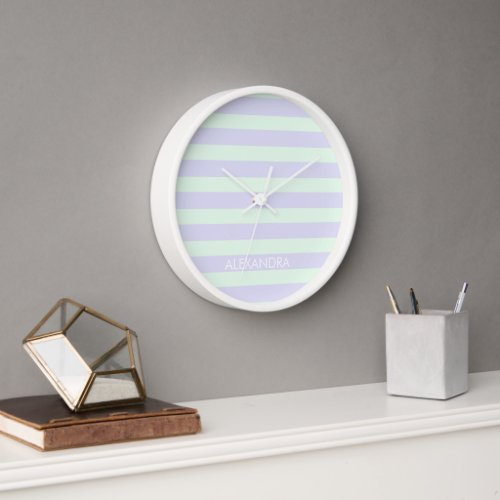 Cute Modern Lavender  Mint Green Striped Clock