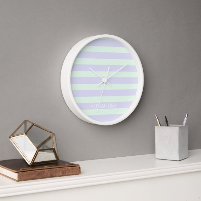 Cute Modern Lavender & Mint Green Striped Clock (Office)