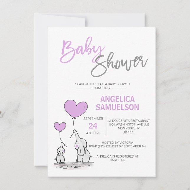 Cute Modern LAVENDER Mommy Elephant & Baby Shower Invitation (Front)