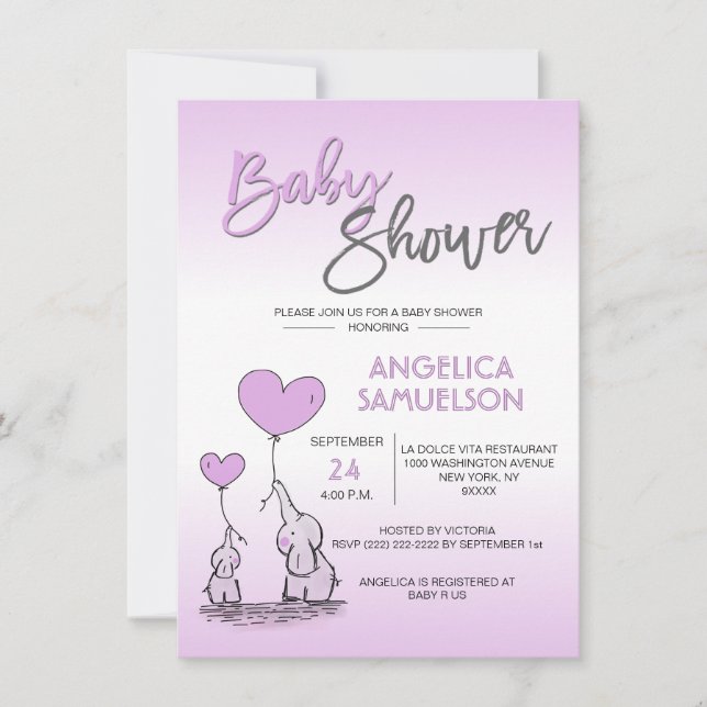 Cute Modern LAVENDER Mommy Elephant & Baby Shower Invitation (Front)