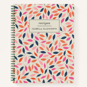 Cute Modern Leaves Pink Blue Personalized Recipe Notebook