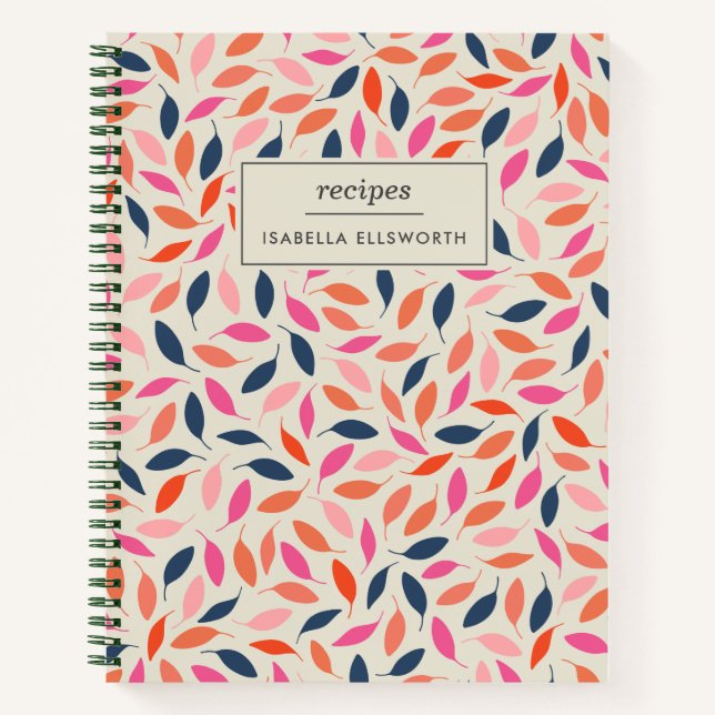 Cute Modern Leaves Pink Blue Personalized Recipe Notebook (Front)