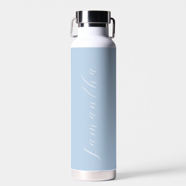 Cute Modern Light Blue Calligraphy Custom Name Water Bottle (Front)