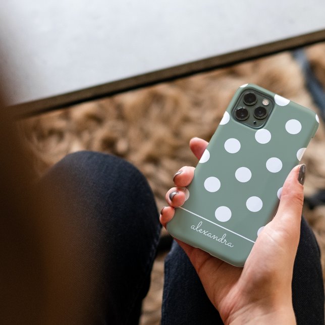 Cute Modern Light Forest Green Polka Dot Pattern  Case-Mate iPhone Case (Creator Uploaded)