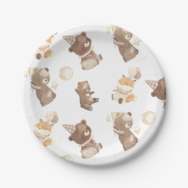 Cute Modern Little Bear 1st Birthday Paper Plates (Front)