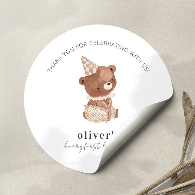 Cute Modern Little Bear 1st Birthday Thank you Classic Round Sticker (Creator Uploaded)