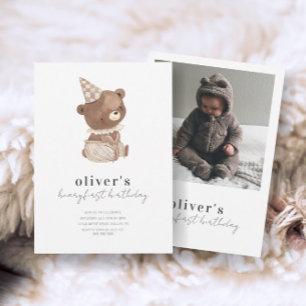 Cute Modern Little Bear Photo 1st Birthday Invitation