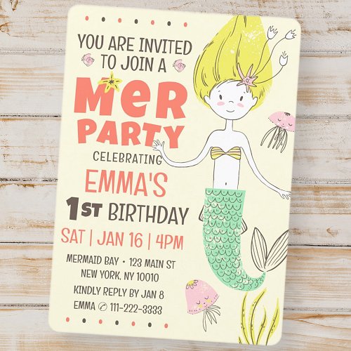 Cute Modern Mermaid Kids Birthday Party Invitation