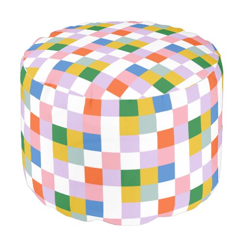 Cute Modern Mid Century Colorful Check Pattern Pouf