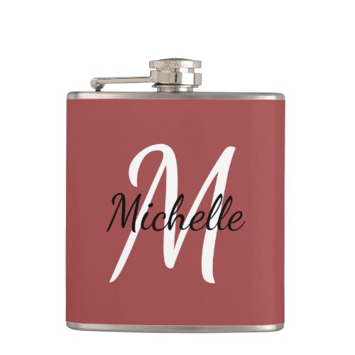 Cute Modern Minimal Red Monogram Name  Initial Flask