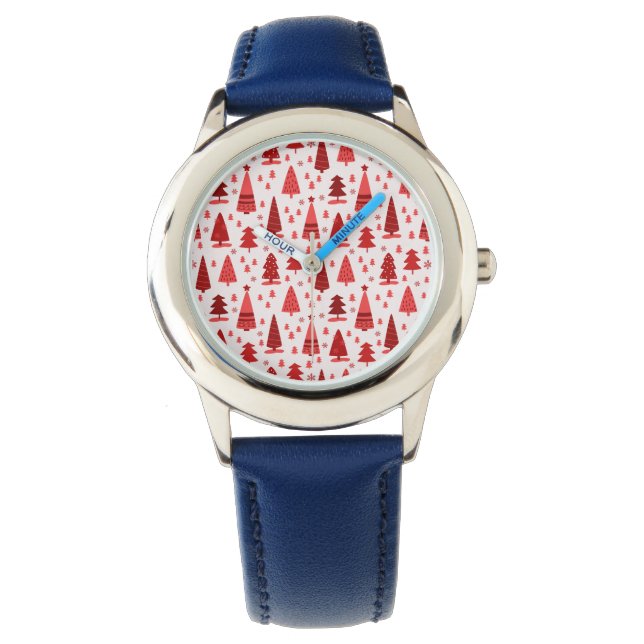 Cute Modern Minimalist Christmas Tree Forest Red Watch (Front)