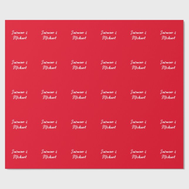 Cute Modern Minimalist Red White Calligraphy Name Wrapping Paper (Flat)