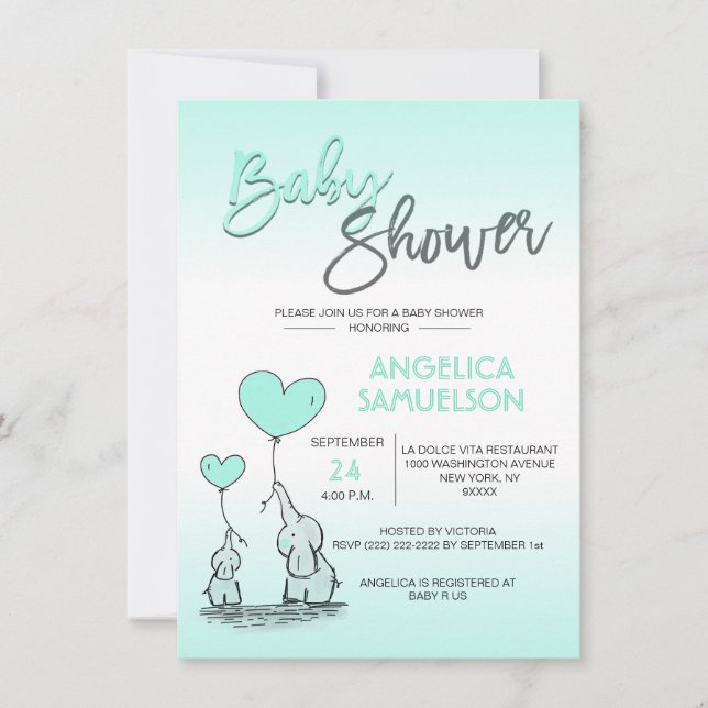 Cute Modern MINT Mommy Elephant & Baby Shower Invitation (Front)