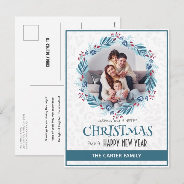 Cute Modern Mistletoe Blue Christmas Wreath Photo Holiday Postcard (Front/Back)