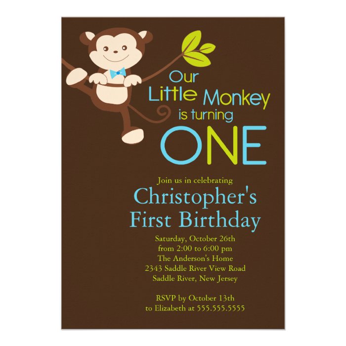 Cute Modern Monkey 1st Birthday Party Invitations