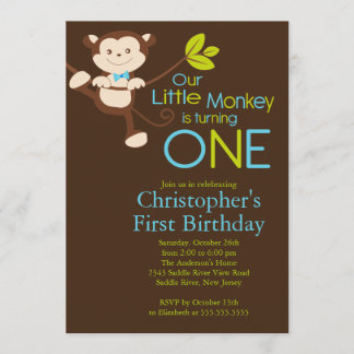 Cute Modern Monkey 1st Birthday Party Invitations