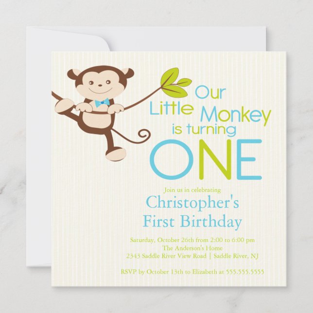 Cute Modern Monkey 1st Birthday Party Invitations (Front)