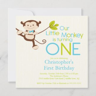 Cute Modern Monkey 1st Birthday Party Invitations