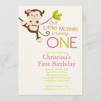 Cute Modern Monkey 1st Birthday Party Invitations