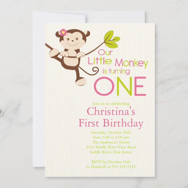 Cute Modern Monkey 1st Birthday Party Invitations (Front)