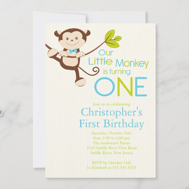 Cute Modern Monkey 1st Birthday Party Invitations (Front)