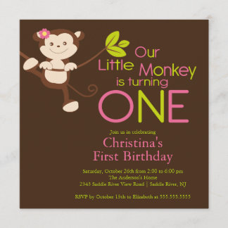 Cute Modern Monkey 1st Birthday Party Invitations
