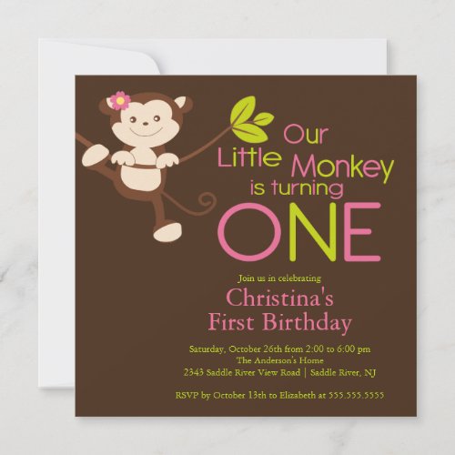 Cute Modern Monkey 1st Birthday Party Invitations