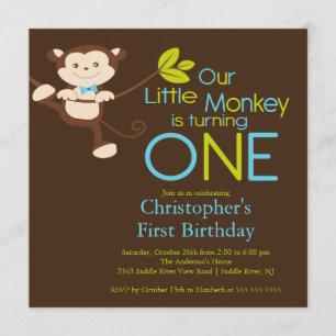 Cute Modern Monkey 1st Birthday Party Invitations