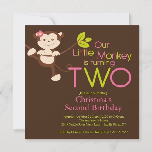 Cute Modern Monkey 2nd Birthday Party Invitations