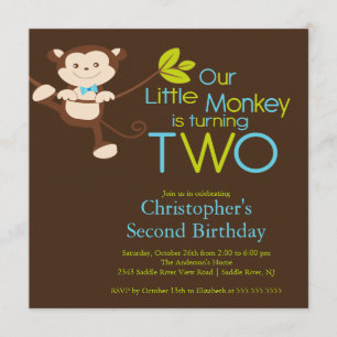 Cute Modern Monkey 2nd Birthday Party Invitations