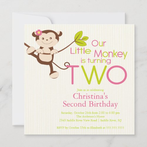 Cute Modern Monkey 2nd Birthday Party Invitations